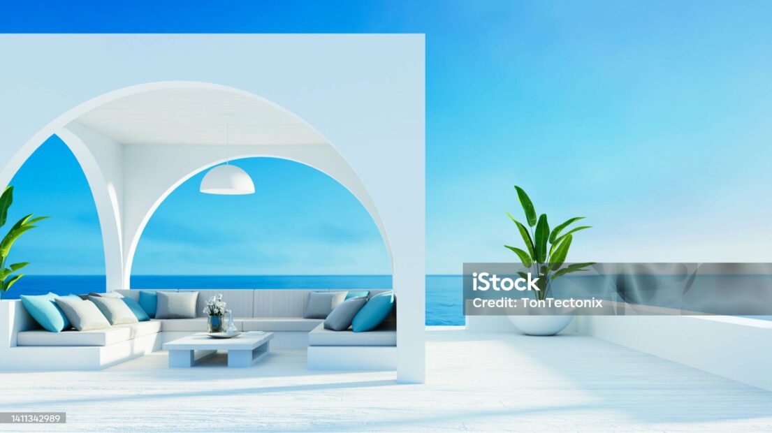 Outdoor living beach luxury and see view - 3D rendering