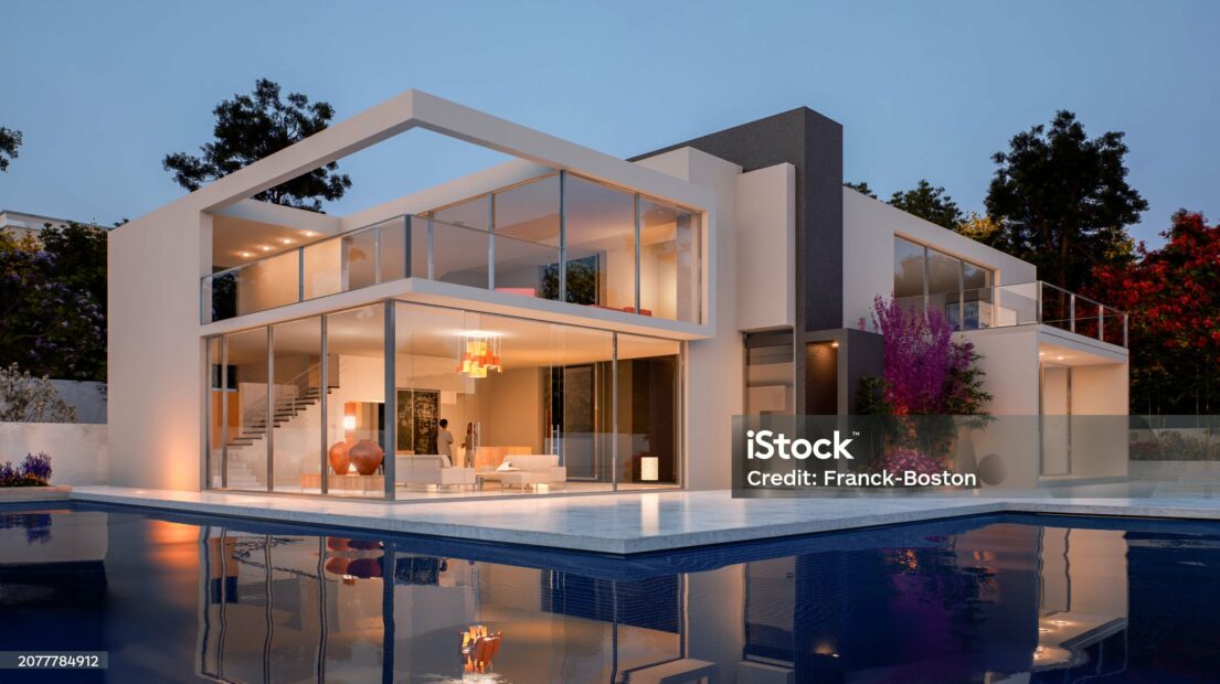 3D rendering of a modern luxurious house with swimming pool