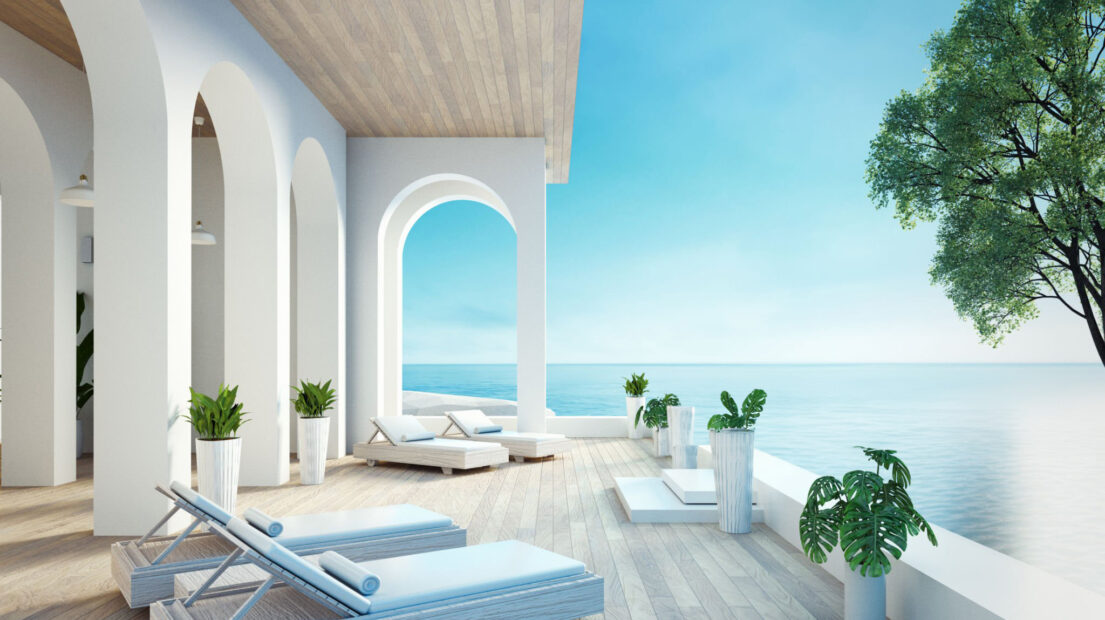 Beach luxury living on Sea view - 3d rendering